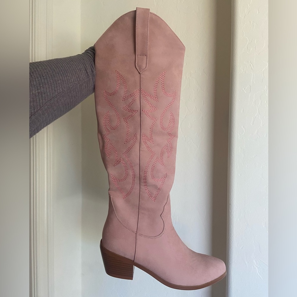 Pink suede cowboy boots